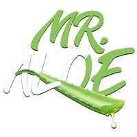 Mr. Aloe brand logo with green aloe leaf design